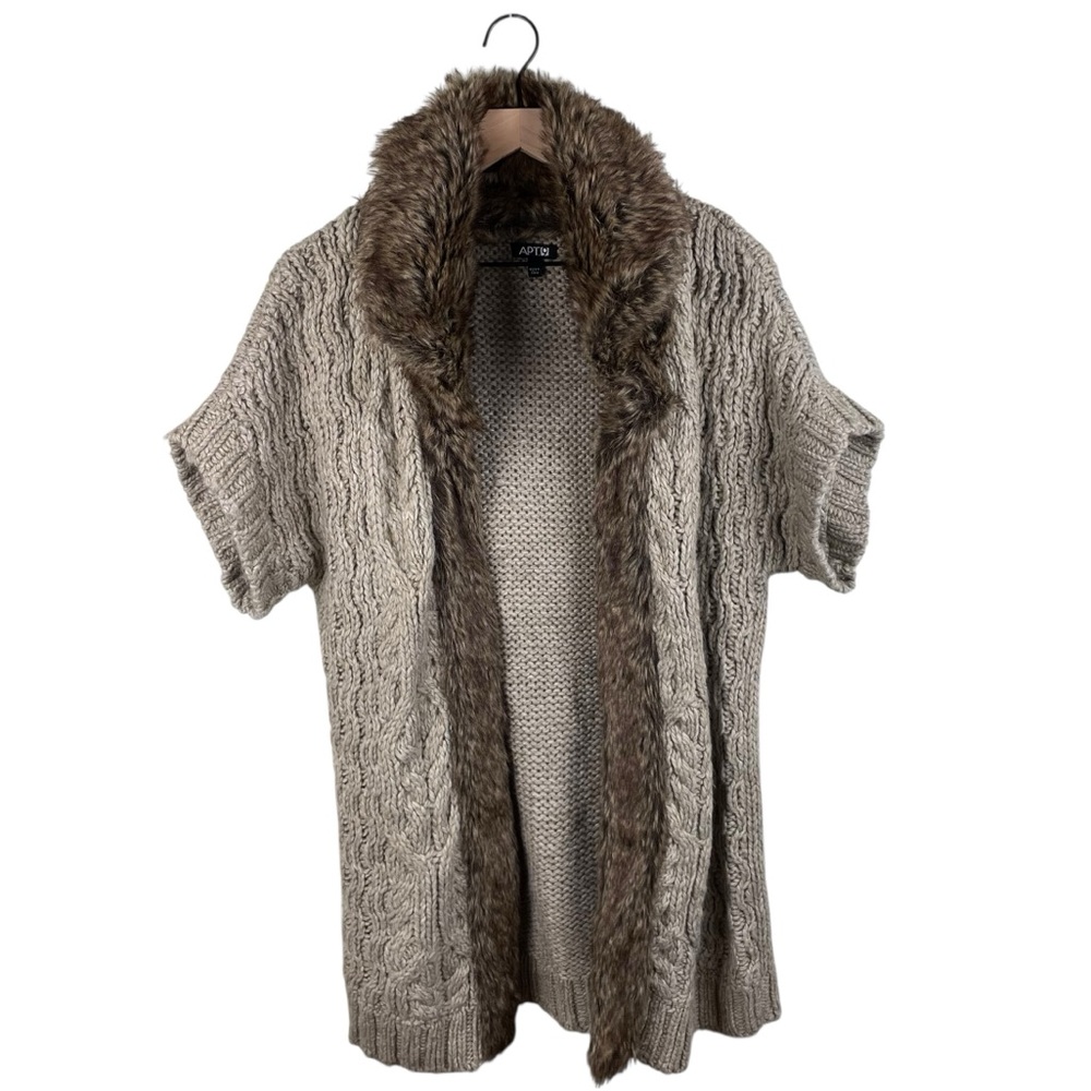 Apt. 9 Faux Fur Trim Cardigan Cable Knit Short Sleeve Wool Blend Women's Size XL